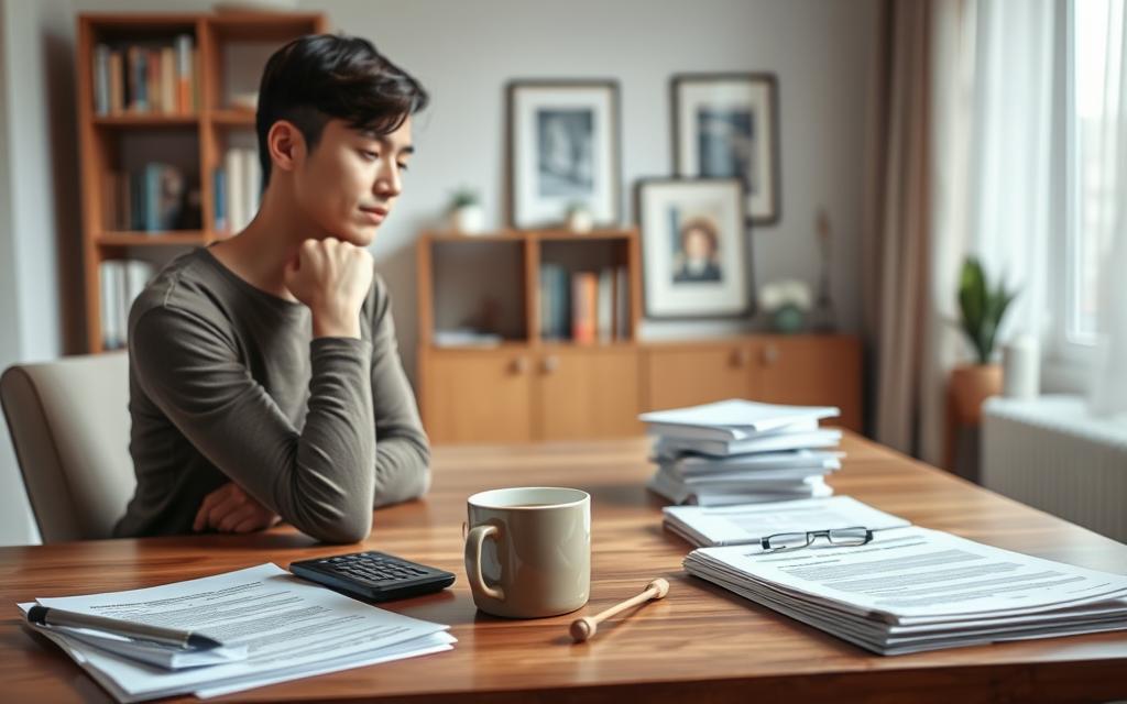 A Contemplative Scene Set In A Serene, Modern Home Office. In The Foreground, A Thoughtful Parent Sits At A Wooden Desk, Hands Clasped As They Consider The Various Factors Involved In A Child Support Case. The Middle Ground Features Neatly Stacked Documents, A Calculator, And A Mug Of Coffee, Suggesting The Complexities Of The Legal And Financial Considerations. The Background Is Softly Lit, With A Bookshelf And Framed Artwork Hinting At The Importance Of Providing For A Child'S Well-Being. The Overall Atmosphere Is One Of Thoughtful Deliberation, Conveying The Special Care And Attention Required In Child Support Matters.