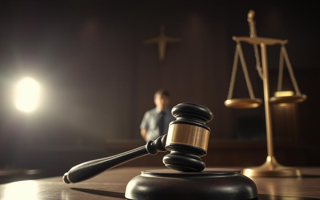 A Dimly Lit Courtroom, The Defendant Standing Solemnly Before The Judge. Overhead, A Harsh Spotlight Casts An Ominous Shadow, Symbolizing The Weight Of The Sentence. In The Foreground, A Gavel Rests On The Bench, Its Wooden Handle Worn From Years Of Passing Judgment. In The Background, The Scales Of Justice Hang, Their Equilibrium Disrupted By The Unlawful Act. The Atmosphere Is Tense, The Mood Somber, As The Consequences Of Driving Without A License Are Made Clear Through This Visual Representation.