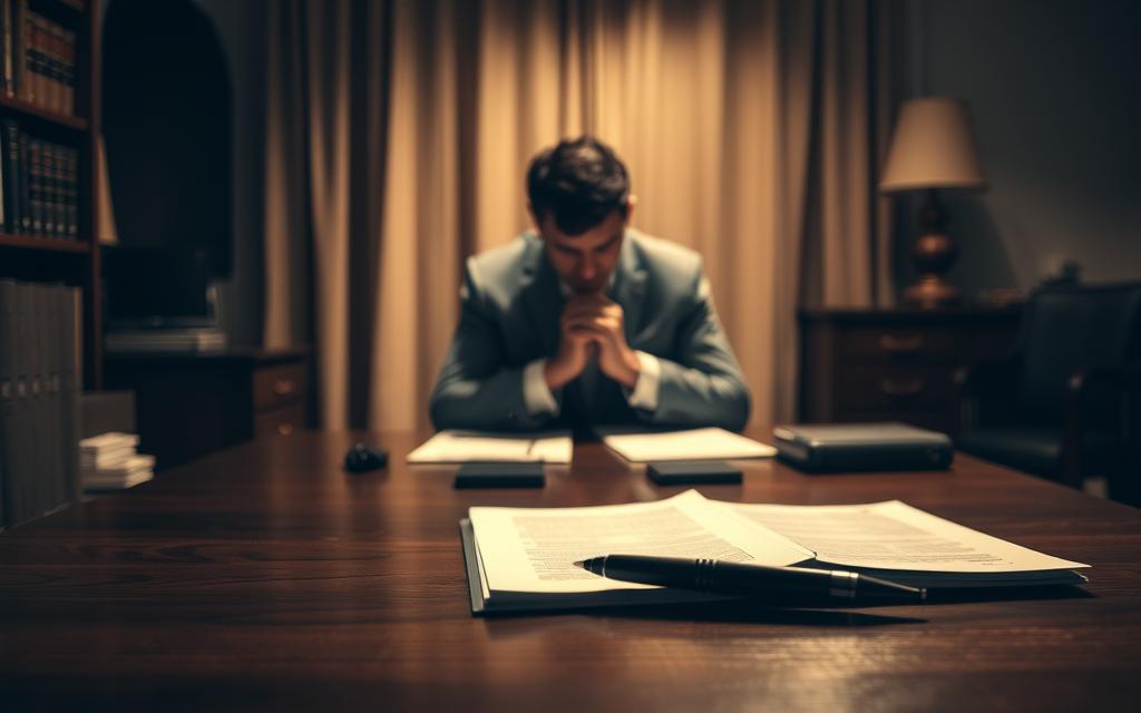 A Dimly Lit Law Office, With A Sense Of Weighted Atmosphere. A Sturdy Wooden Desk In The Foreground, Papers And A Pen Neatly Arranged, Conveying A Professional, Yet Compassionate Demeanor. In The Middle Ground, A Client Seated Across From The Desk, Their Posture Tense, Hands Clasped Tightly, Eyes Downcast - The Physical Embodiment Of Psychological Trauma. The Background Softly Blurred, Hinting At The Complexity And Gravity Of The Legal Guidance Being Sought. Warm, Muted Lighting Casts Subtle Shadows, Creating A Contemplative, Introspective Mood. An Image That Resonates With The Sensitive Nature Of Emotional Distress Cases And The Importance Of Expert Legal Support. A Dimly Lit Law Office, With A Sense Of Weighted Atmosphere. A Sturdy Wooden Desk In The Foreground, Papers And A Pen Neatly Arranged, Conveying A Professional, Yet Compassionate Demeanor. In The Middle Ground, A Client Seated Across From The Desk, Their Posture Tense, Hands Clasped Tightly, Eyes Downcast - The Physical Embodiment Of Psychological Trauma. The Background Softly Blurred, Hinting At The Complexity And Gravity Of The Legal Guidance Being Sought. Warm, Muted Lighting Casts Subtle Shadows, Creating A Contemplative, Introspective Mood. An Image That Resonates With The Sensitive Nature Of Emotional Distress Cases And The Importance Of Expert Legal Support.