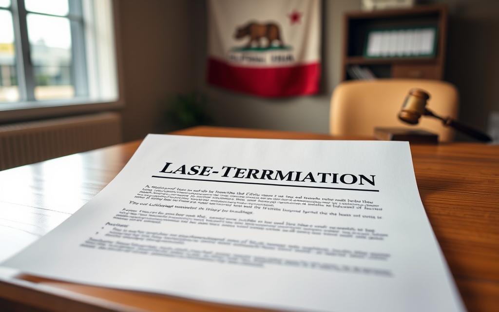 A Neatly Typed Lease Termination Notice Lies On A Wooden Desk, Illuminated By Warm, Soft Lighting. The Document Appears Crisp And Official, With Clear Headers And Formatted Text. In The Background, A California State Flag Hangs On The Wall, Subtly Suggesting The Legal Context. The Overall Atmosphere Conveys A Sense Of Professionalism And Attention To Detail, Reflecting The Importance Of Properly Navigating The Lease Termination Process.