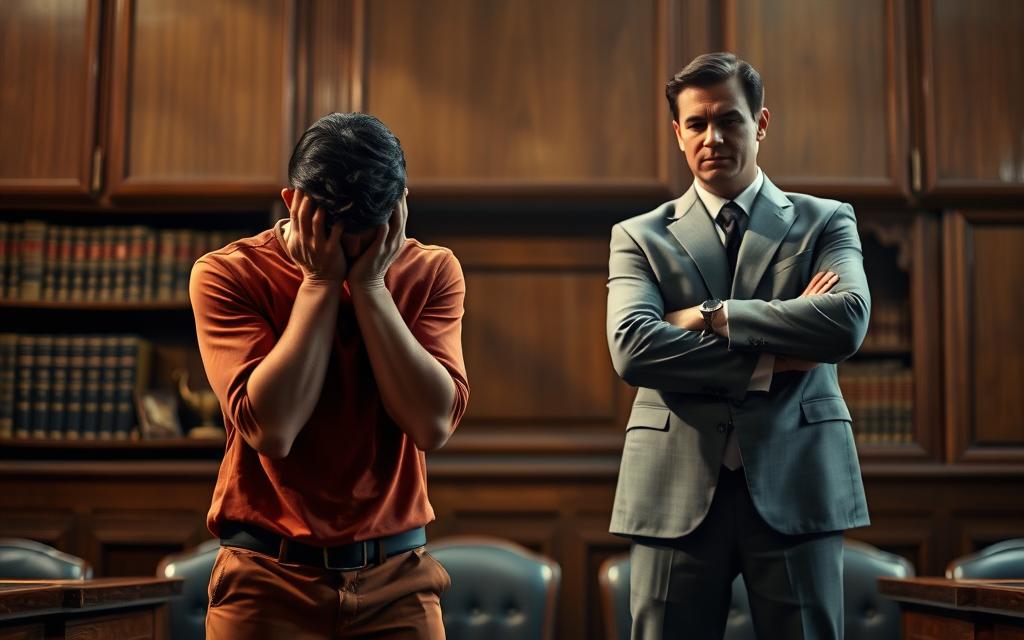 A Tense Courtroom Scene, With Two Figures Standing In Contrasting Poses - One In A State Of Emotional Distress, Shoulders Hunched, Face Contorted With Anguish, The Other Standing Tall, Exuding Confidence. The Distressed Figure Is Bathed In Warm, Muted Lighting, Conveying The Intensity Of Their Inner Turmoil, While The Confident Figure Is Illuminated By A Cooler, More Authoritative Light. The Background Is A Blend Of Faded Law Books And Wood-Paneled Walls, Hinting At The High-Stakes Legal Battle Unfolding. The Composition Creates A Stark Visual Contrast, Emphasizing The Differences Between Emotional Distress And Intentional Infliction Of Emotional Distress Cases. A Tense Courtroom Scene, With Two Figures Standing In Contrasting Poses - One In A State Of Emotional Distress, Shoulders Hunched, Face Contorted With Anguish, The Other Standing Tall, Exuding Confidence. The Distressed Figure Is Bathed In Warm, Muted Lighting, Conveying The Intensity Of Their Inner Turmoil, While The Confident Figure Is Illuminated By A Cooler, More Authoritative Light. The Background Is A Blend Of Faded Law Books And Wood-Paneled Walls, Hinting At The High-Stakes Legal Battle Unfolding. The Composition Creates A Stark Visual Contrast, Emphasizing The Differences Between Emotional Distress And Intentional Infliction Of Emotional Distress Cases.
