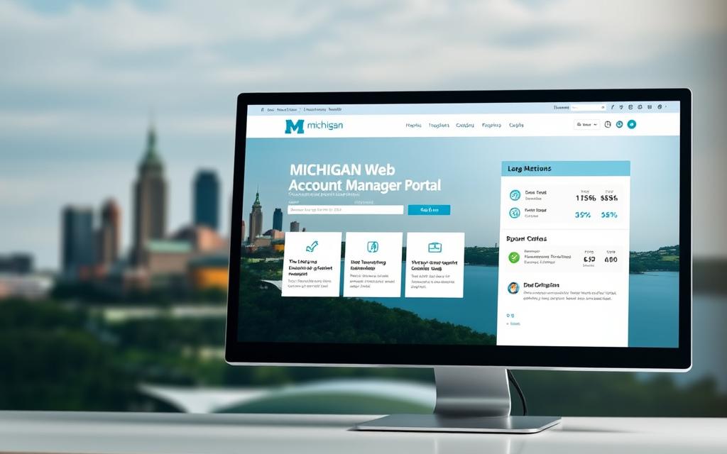 A Modern, Professional-Looking Web Interface With A Clean, Minimalist Design. The Michigan Web Account Manager Portal Is Displayed On A Sleek Desktop Computer Screen, Set Against A Blurred Background Featuring The State'S Iconic Landmarks And Natural Scenery. The Interface Features A Streamlined Layout With Prominent Navigation Menus, User-Friendly Icons, And Intuitive Data Visualization Components. The Overall Atmosphere Conveys A Sense Of Efficiency, Accessibility, And Trust, Reflecting The Portal'S Role In Facilitating Unemployment Claims Processing For Michigan Residents.