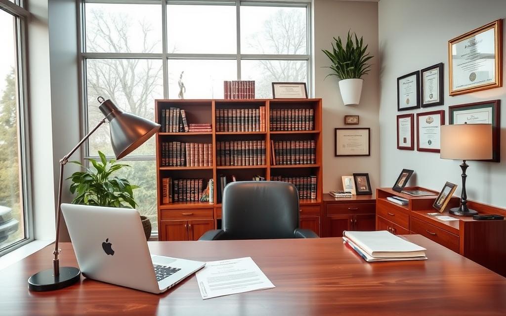 A Neatly Organized Law Office Interior, With A Large Window Filling The Background, Providing Ample Natural Lighting. In The Foreground, A Wooden Desk Holds A Laptop, Legal Documents, And A Modern Desk Lamp. The Middle Ground Features A Bookshelf Filled With Law Books, As Well As Framed Certificates And Awards On The Walls, Conveying A Sense Of Expertise And Professionalism. The Overall Mood Is One Of Quiet Confidence And Authority, Reflecting The Resources Available For Those Seeking Legal Representation Or Self-Help Guidance In Custody Cases.