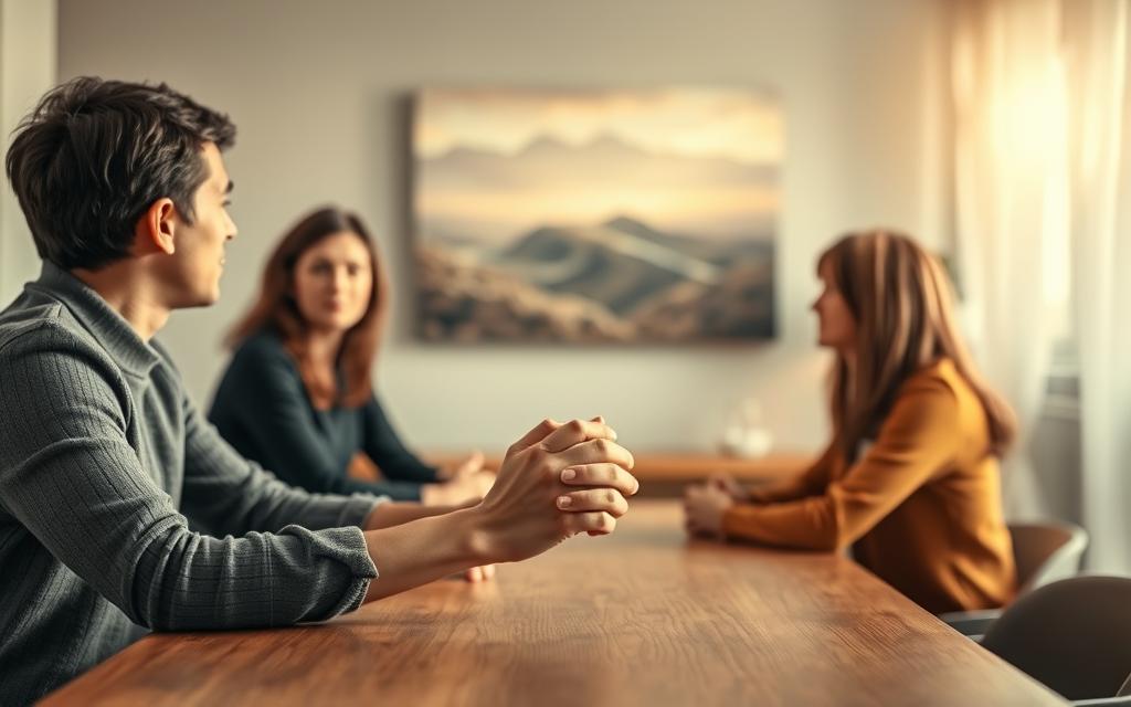 A Room Bathed In Warm, Natural Light, With Two People Sitting Across A Table, Engaged In A Thoughtful Discussion. The Foreground Features Their Hands Clasped Together, Conveying A Sense Of Collaboration And Understanding. In The Middle Ground, A Neutral-Toned Landscape Painting Hangs On The Wall, Adding A Calming, Meditative Atmosphere. The Background Is Softly Blurred, Emphasizing The Focus On The Mediation Process. The Scene Is Captured With A Shallow Depth Of Field, Creating A Sense Of Intimacy And Focus On The Central Interaction. The Overall Mood Is One Of Open Communication, Problem-Solving, And A Shared Commitment To Finding A Peaceful Resolution.