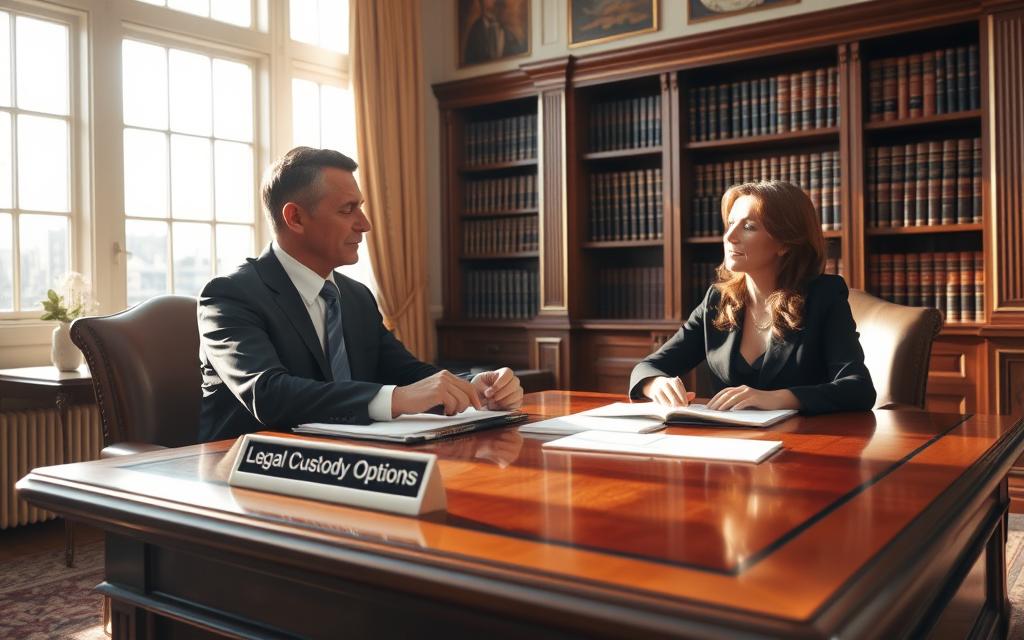 An Elegant Law Office Interior, Sunlight Streaming Through Large Windows, Casting A Warm Glow Over A Polished Wooden Desk. On The Desk, Documents And A Nameplate Reading &Quot;Legal Custody Options.&Quot; In The Foreground, Two Figures, A Parent And A Legal Professional, Engaged In A Thoughtful Discussion, Their Expressions Serious Yet Hopeful. The Background Features Bookshelves Filled With Legal Tomes, Suggesting The Depth Of Knowledge Available To Navigate This Complex Process. The Overall Atmosphere Conveys A Sense Of Professionalism, Care, And The Possibility Of A Positive Resolution, Without Court Intervention.